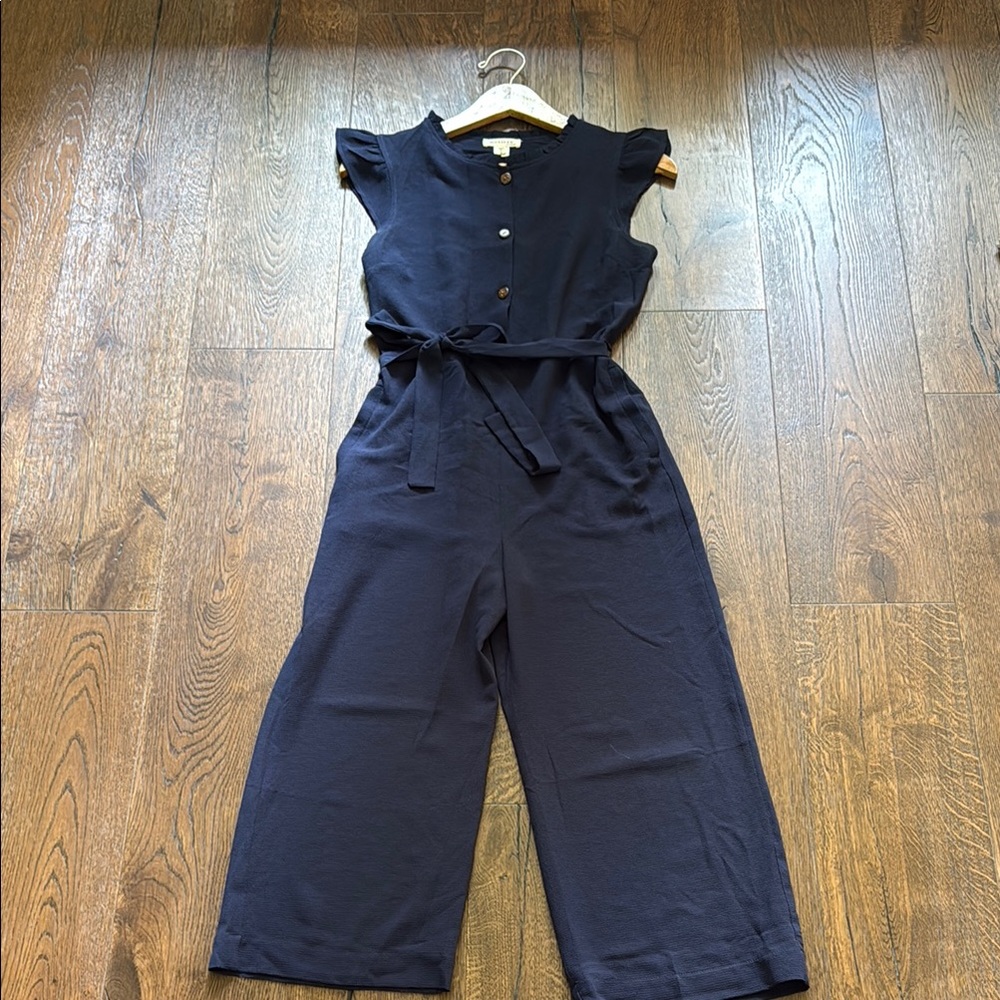 Monteau Dark Navy Sleeveless Button-Front Jumpsuit with Tie Waist